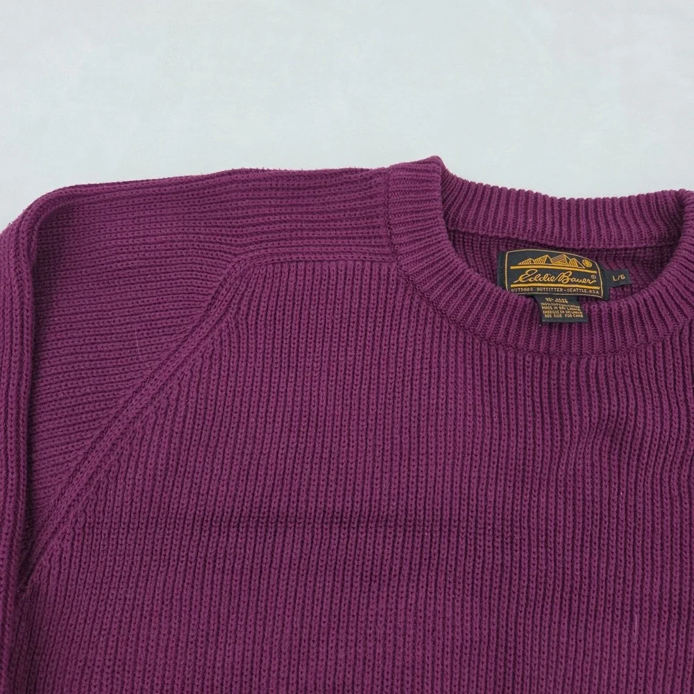 VTG Eddie Bauer Chunky Knit Sweater Men's Sz Large Burgundy Cotton Crewneck - Picture 4 of 10
